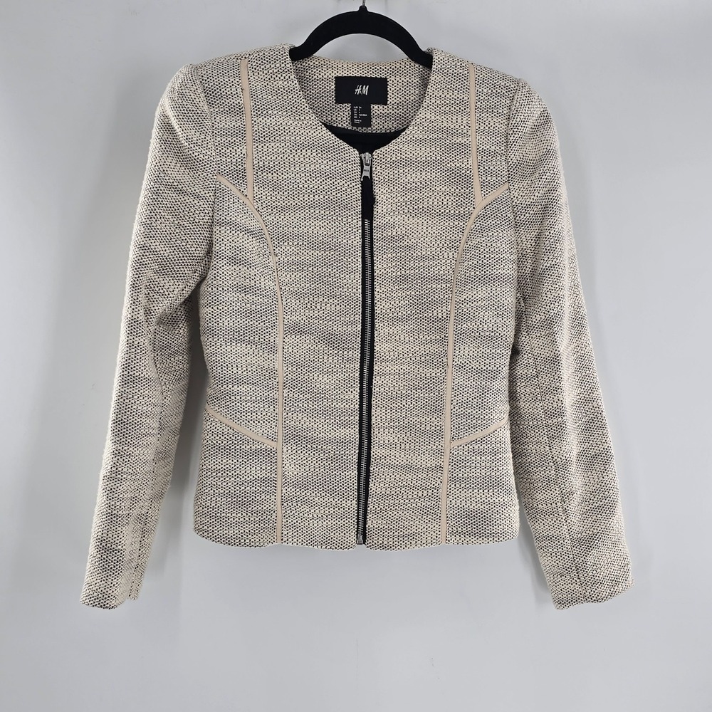 H&M Women's tweed Blazer Jacket Size 4 Zipper Pockets Beige Full Zip
